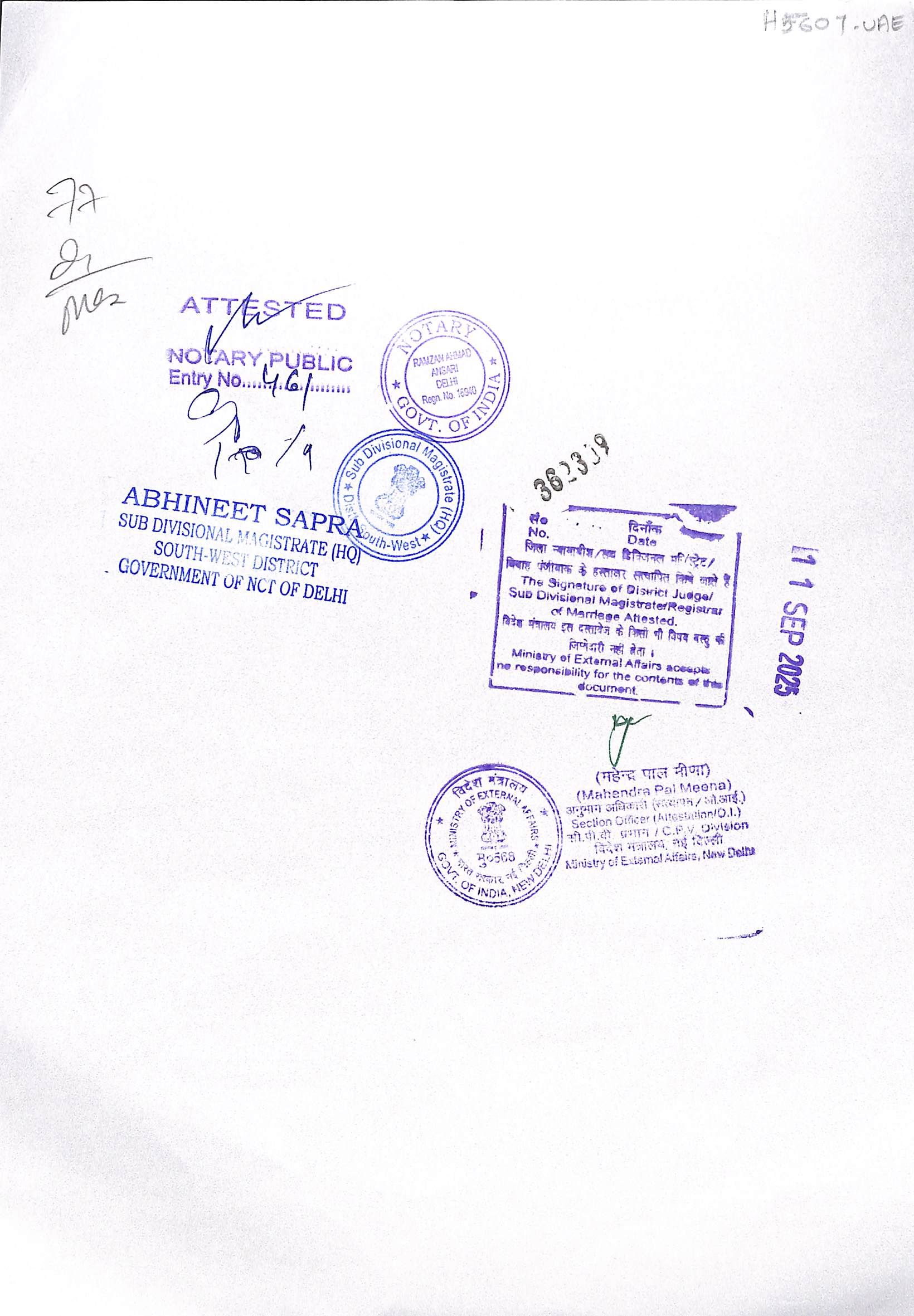 Official Indian MEA and SDM Delhi Attestation Seal - Certificate Back Panel Preview